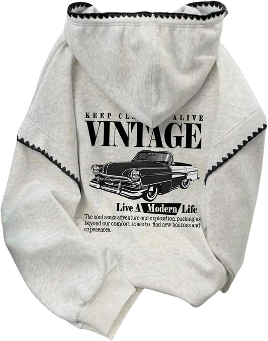 Women's Letter Graphic Oversized Hoodie Long Sleeve Drawstring Pullovers Crop Sweatshirt