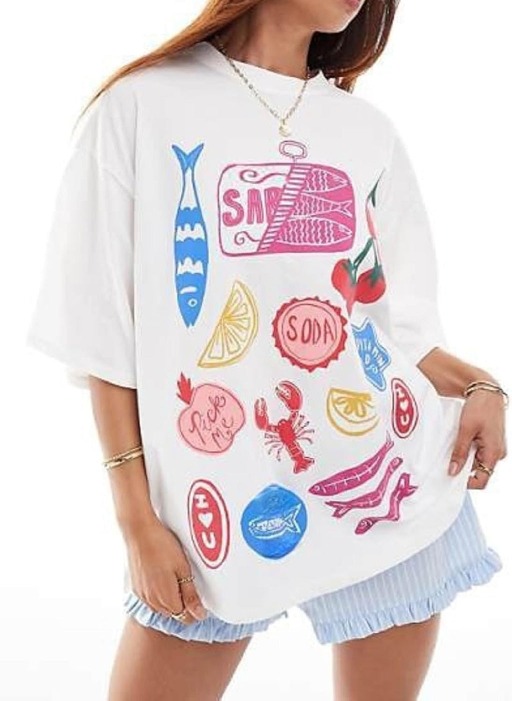 Y2k Oversized Summer Tops for Women Cute Bow Fruit Loose T Shirts Crew Neck Aesthetic Graphic Short Sleeve Tee