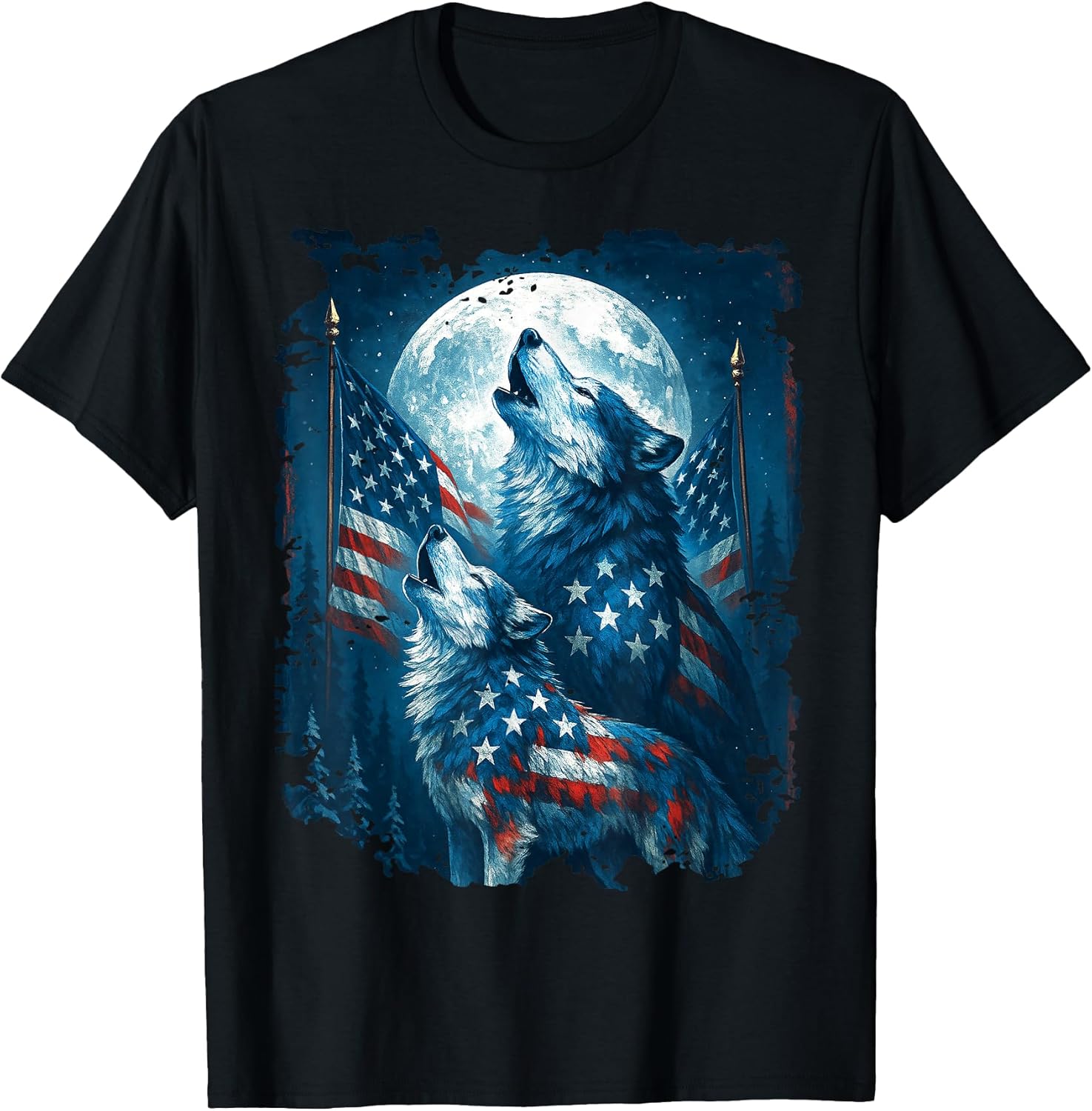 Wolf 4th of July Howling Wolves Under Moon Tee
