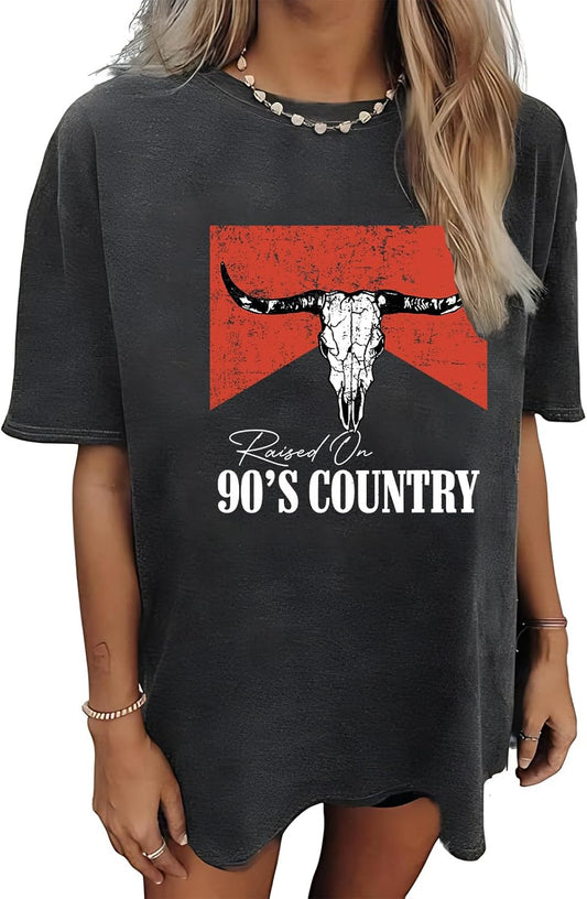 Oversized 90s Country Shirts for Women Raised On 90’S Country Shirt Country Music Tshirt Rock Band Vintage Tee Tops