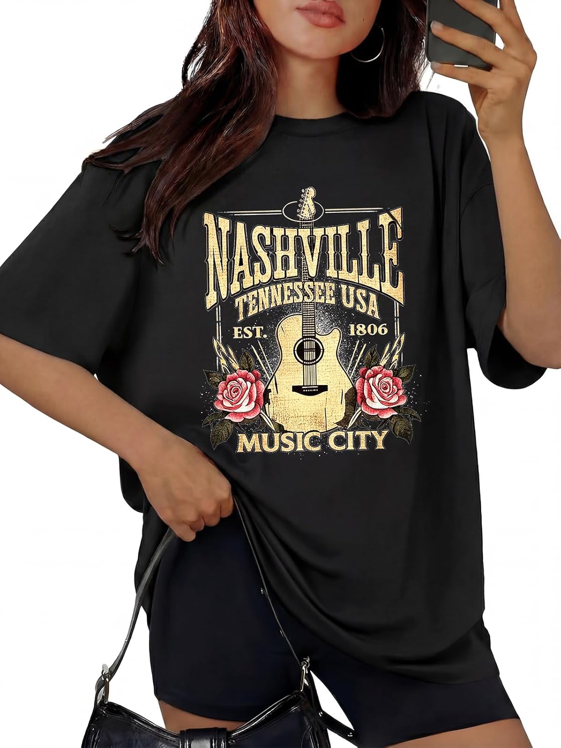 Oversized Rock Band T-Shirts Women Country Music Shirt Nashville Music City Tshirt Vintage Guitar Eagle Wings Graphic Tees