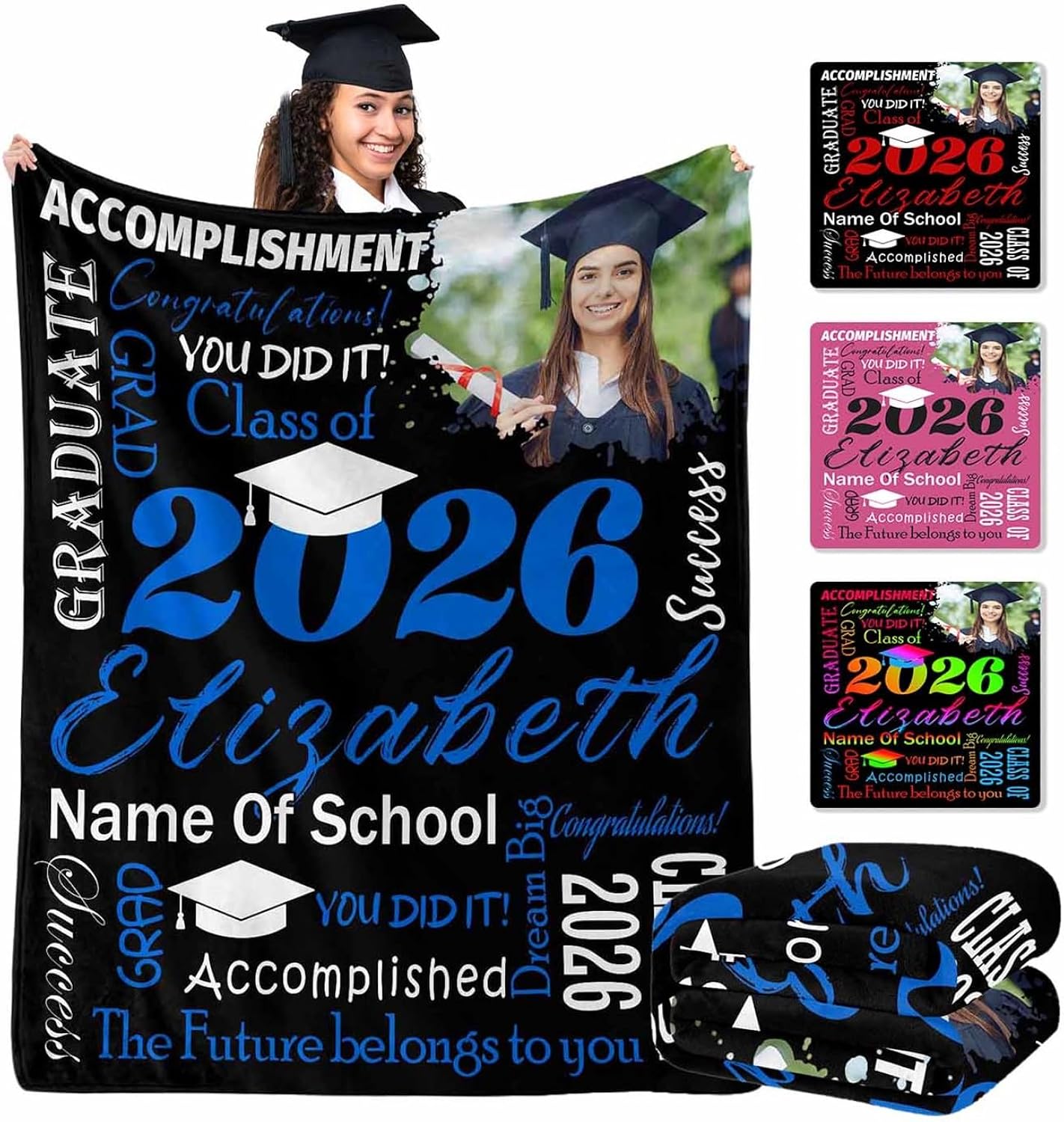 2026 Graduation Gift, Customized Black and Blue Name Blanket with Photo Graduation Blanket for High School Nursing College Adult Girls Boys