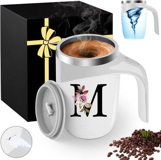 Initial Magnetic Stirring Coffee Mug Stainless Insulated Travel Cup Women Wife Husband Happy Birthday Wedding Romantic Personalized Unique Gift Special Cute Day Custom Christmas Valentines Ideal,M