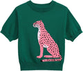 Women's Green Knitted T-Shirt, Retro Animal Pattern Crewneck Cotton Short Sleeve- Cropped Length