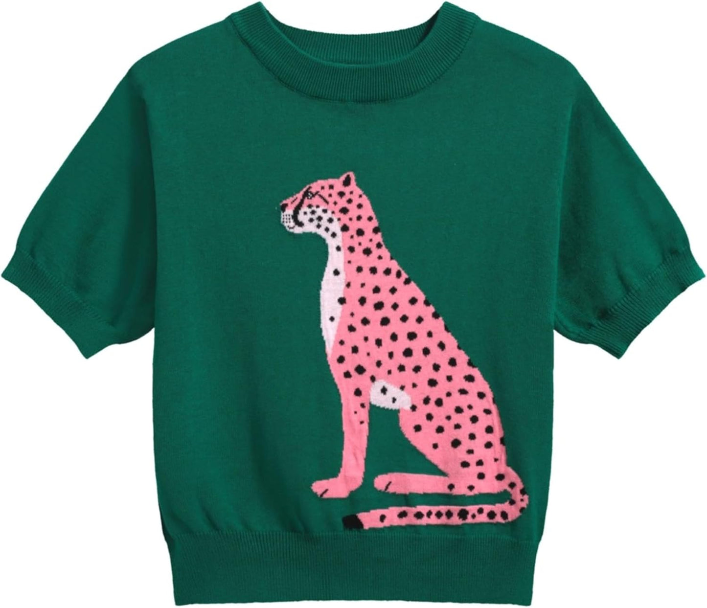 Women's Green Knitted T-Shirt, Retro Animal Pattern Crewneck Cotton Short Sleeve- Cropped Length