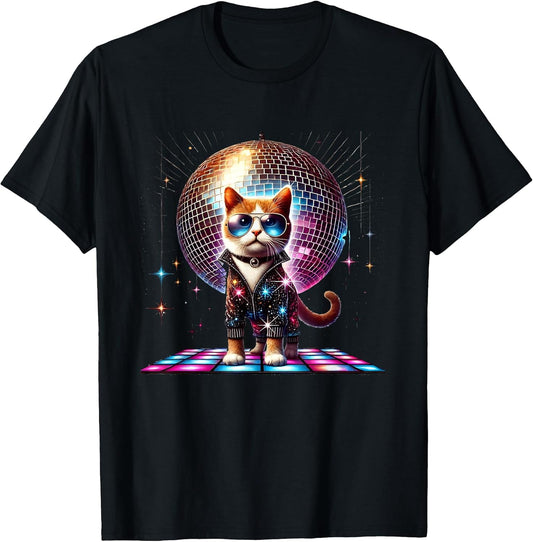 Dancing Cat Disco Ball Kitten Kitty Lover Funny Party Animal T-Shirt