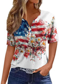 4th of July Shirts Women Short Sleeve Button Henley V Neck Patriotic Tops American Flag Stars and Stripes Tee Tops
