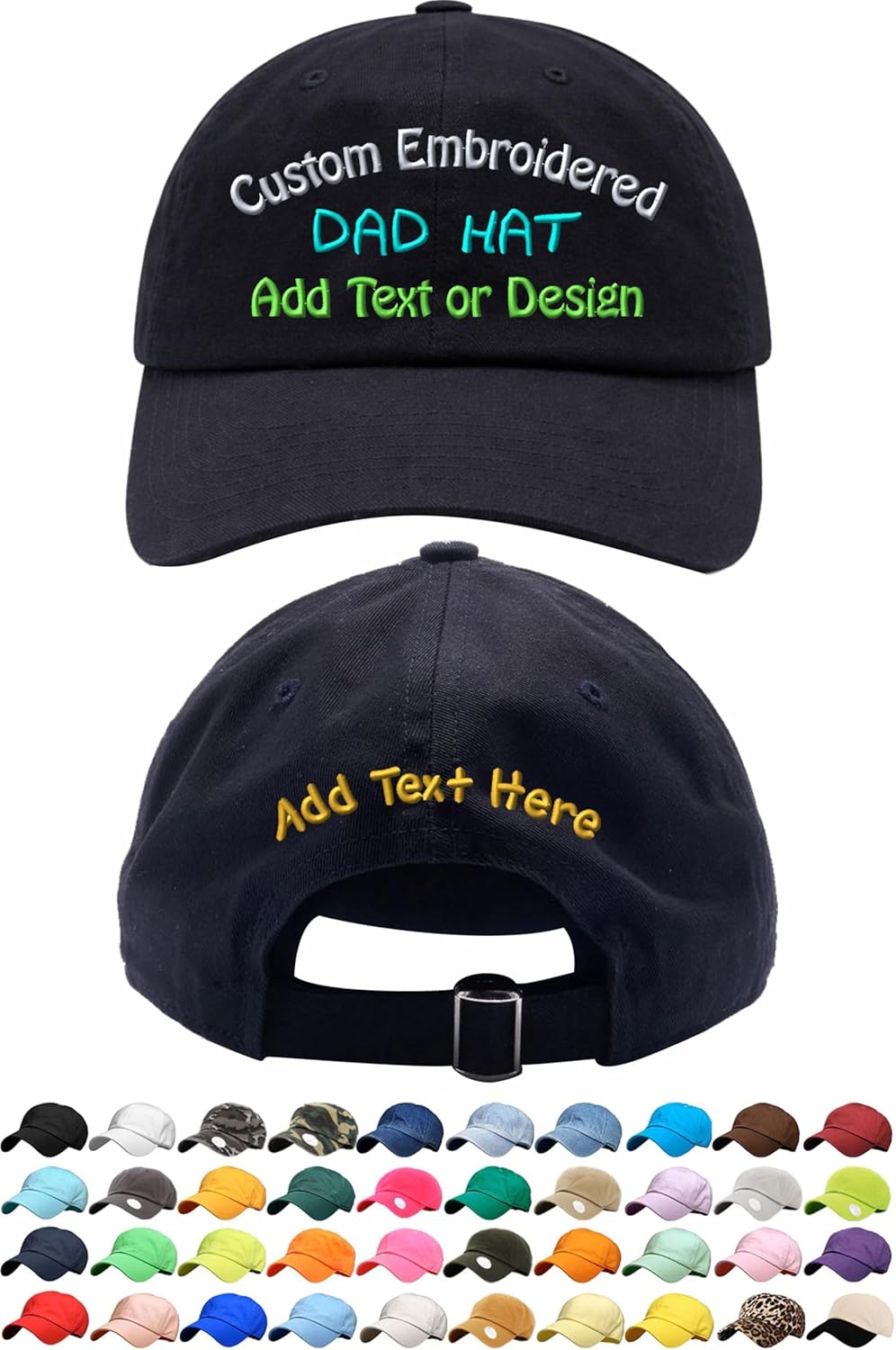 Custom Embroidered Hat - Personalized Front & Back Embroidery - Add Your Text or Logo - Multiple Styles & Colors Available