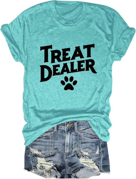 Dog Mom Shirt Treat Dealer T Shirt for Women Cute Dog Paw Print Graphic Tees Funny Dogs Lover Short Sleeve Tops