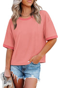 Womens T Shirts Loose Fit Short Half Sleeve Crew Neck Oversized Tshirts Color Block Summer Tops Fashion 2026