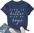 Life is Better with My Boys Women Funny Mom Gift Shirts Graphic Summer Short Athletic Casual Workout Tops