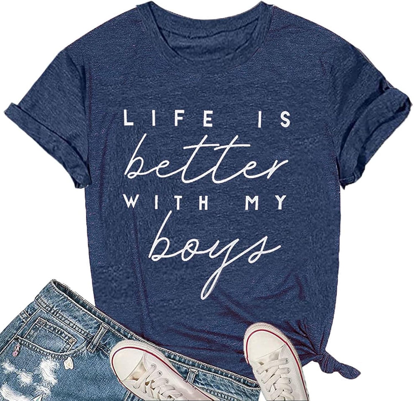 Life is Better with My Boys Women Funny Mom Gift Shirts Graphic Summer Short Athletic Casual Workout Tops