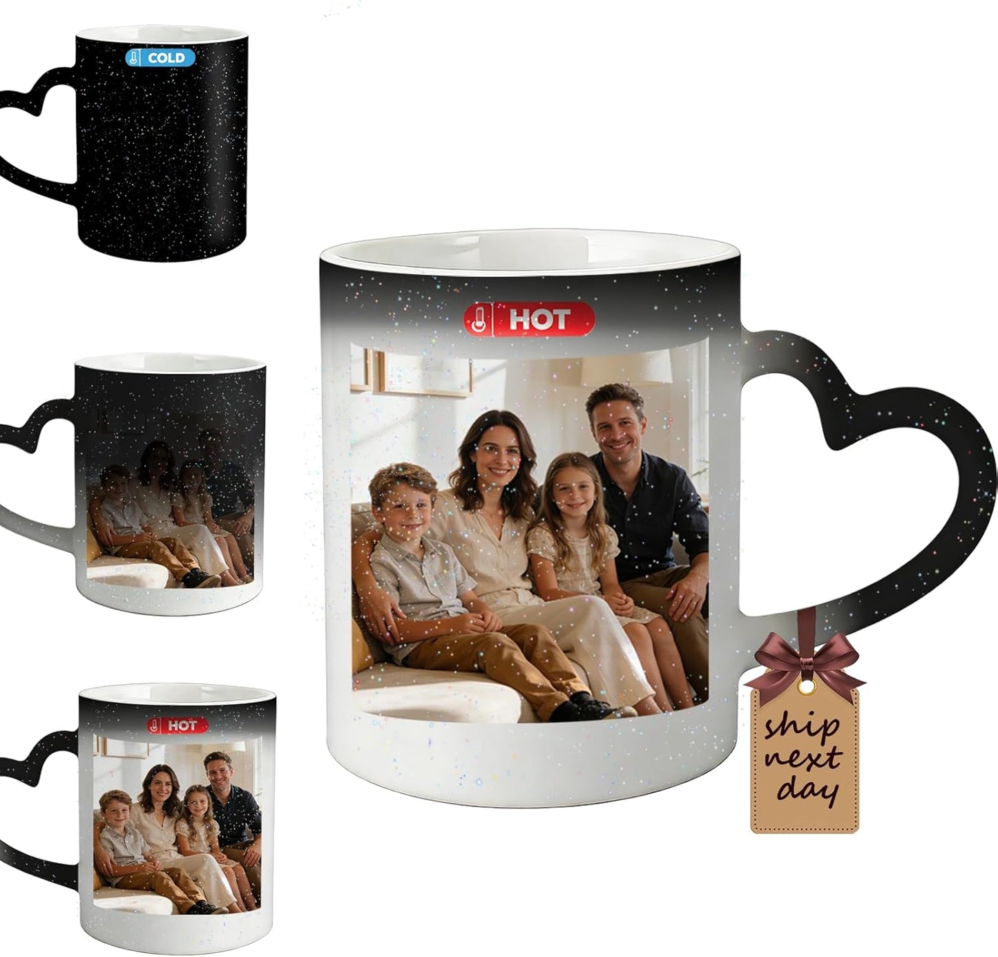 Custom Magic Color Changing Mug Personalized Photo Logo Text Heat Changing Mug with Hot Drink Heart Shaped Handle Anniversary Ceramic Coffee Gift Cup for Mom Mama Mother's Day (Black Starry)
