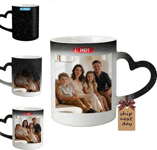 Custom Magic Color Changing Mug Personalized Photo Logo Text Heat Changing Mug with Hot Drink Heart Shaped Handle Anniversary Ceramic Coffee Gift Cup for Mom Mama Mother's Day (Black Starry)