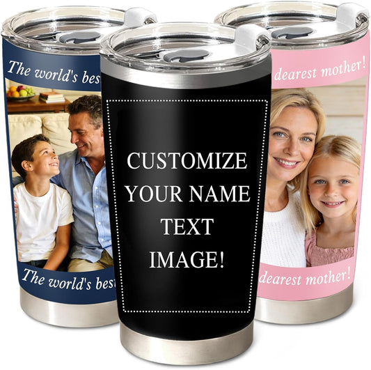 Personalized Tumbler with Photo Logo Text, 20 Oz Custom Stainless Steel Coffee Mug with Lid & Straw, Bulk Tumblers for Employee Appreciation, Anniversary, Fathers Day, Birthday Gifts for Men Dad Woman