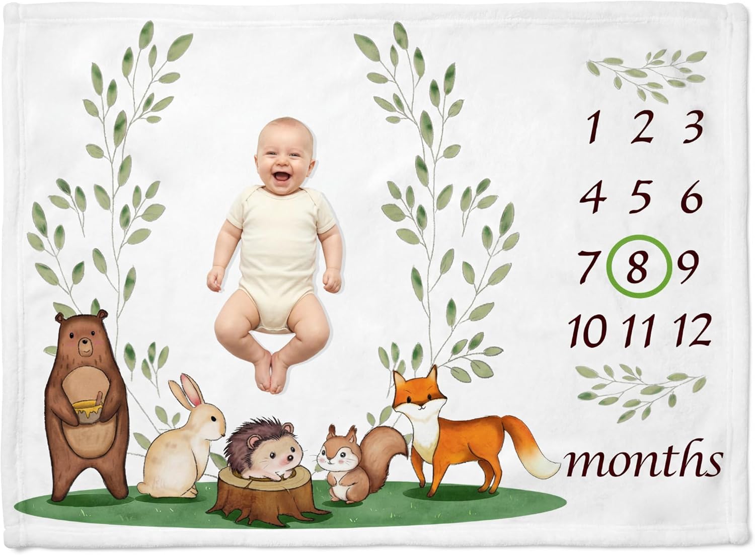Baby Monthly Milestone Blanket, Soft Flannel Woodland Photo Backdrop with Wreath, 50" x 40", First Year Keepsake Gift