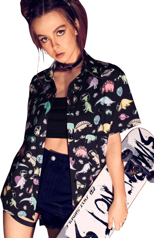 Women's Short Sleeve Cute Print Button Down Shirt Tops
