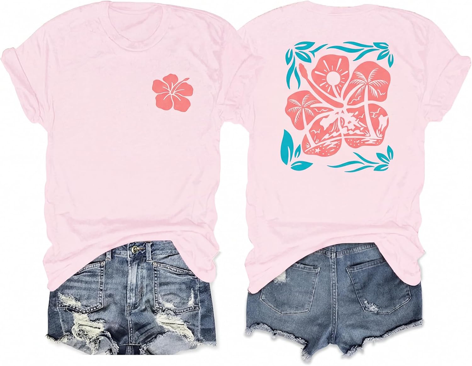Hawaiian Shirts for Women Oversized Beach Hibiscus Flower Graphic T Shirt Teens Aesthetic Tropical Tee Tops