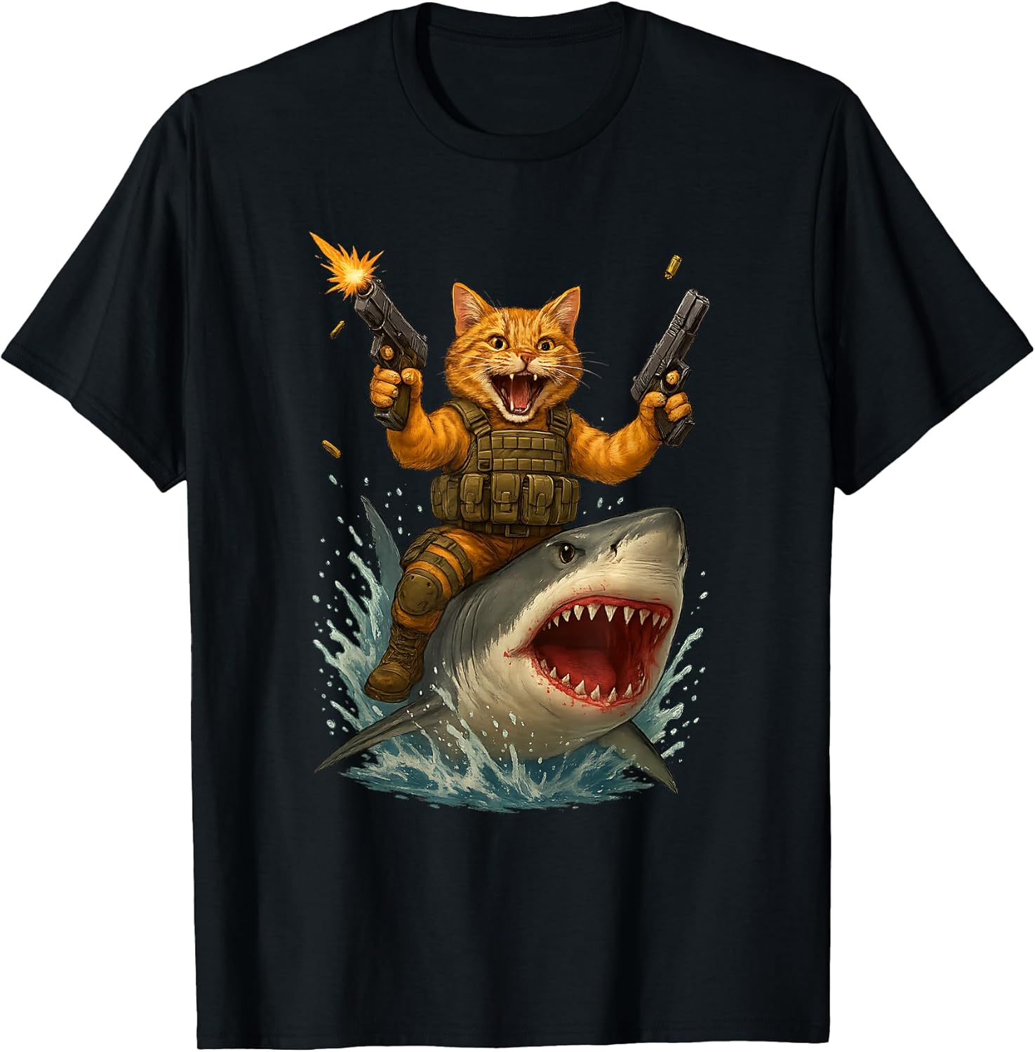 Funny Cat Riding Shark Design Tees Co.