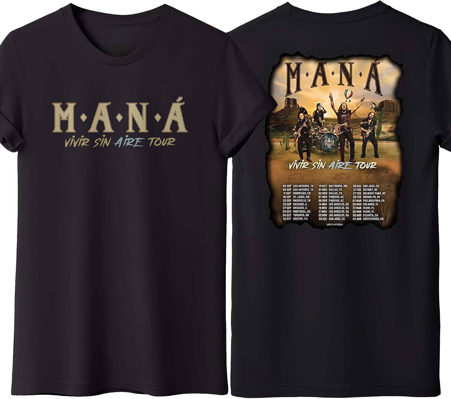 Mana Rock Band T Shirts, Latin Rock and Roll Tshirt, Vivir Sin Aire Tour Graphic Tee, Unisex Adult Size S – 2XL