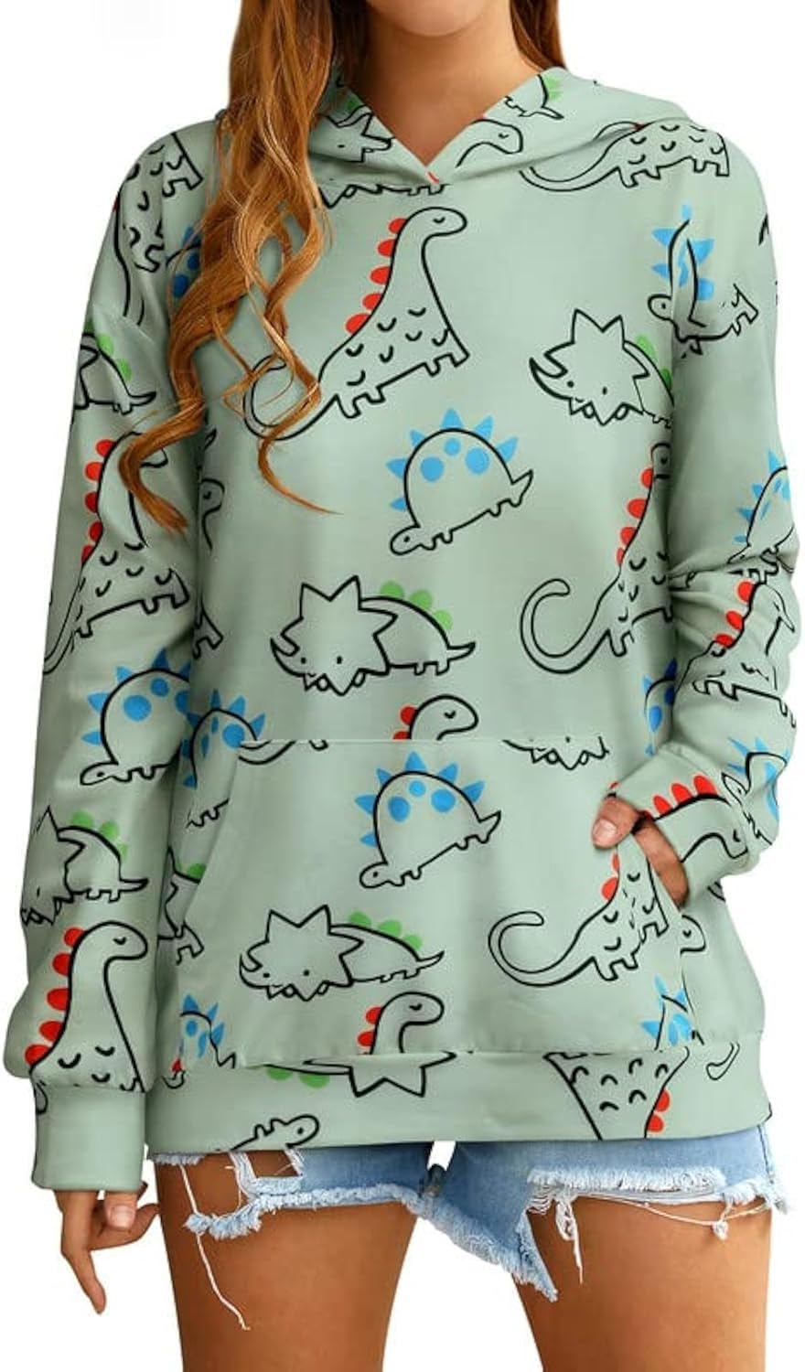 Women Dinosaur Funny Hoodie Sweatshirt Pocket Crewneck Casual Loose Cute Tops Long Sleeve Hoodied Pullover Shirt