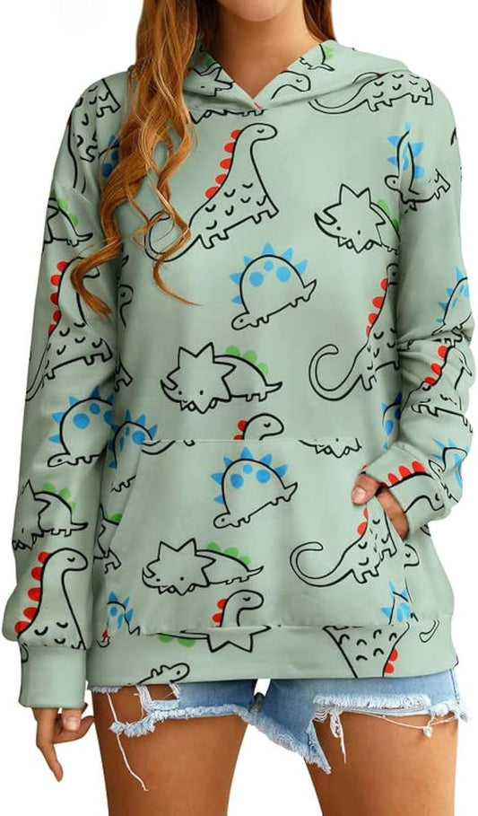 Women Dinosaur Funny Hoodie Sweatshirt Pocket Crewneck Casual Loose Cute Tops Long Sleeve Hoodied Pullover Shirt