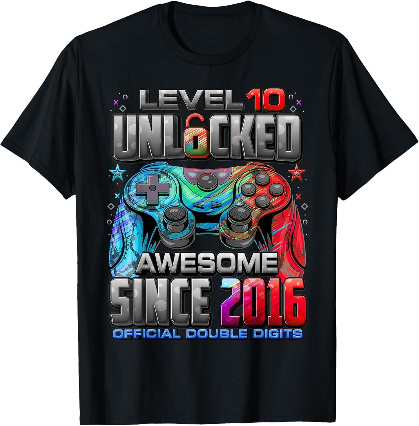 Level 10 Unlocked Awesome Since 2016 10th Birthday Gaming T-Shirt