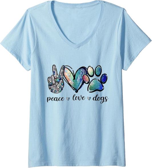 Womens Dog Lover Peace Love Dogs Puppy Paw V-Neck T-Shirt