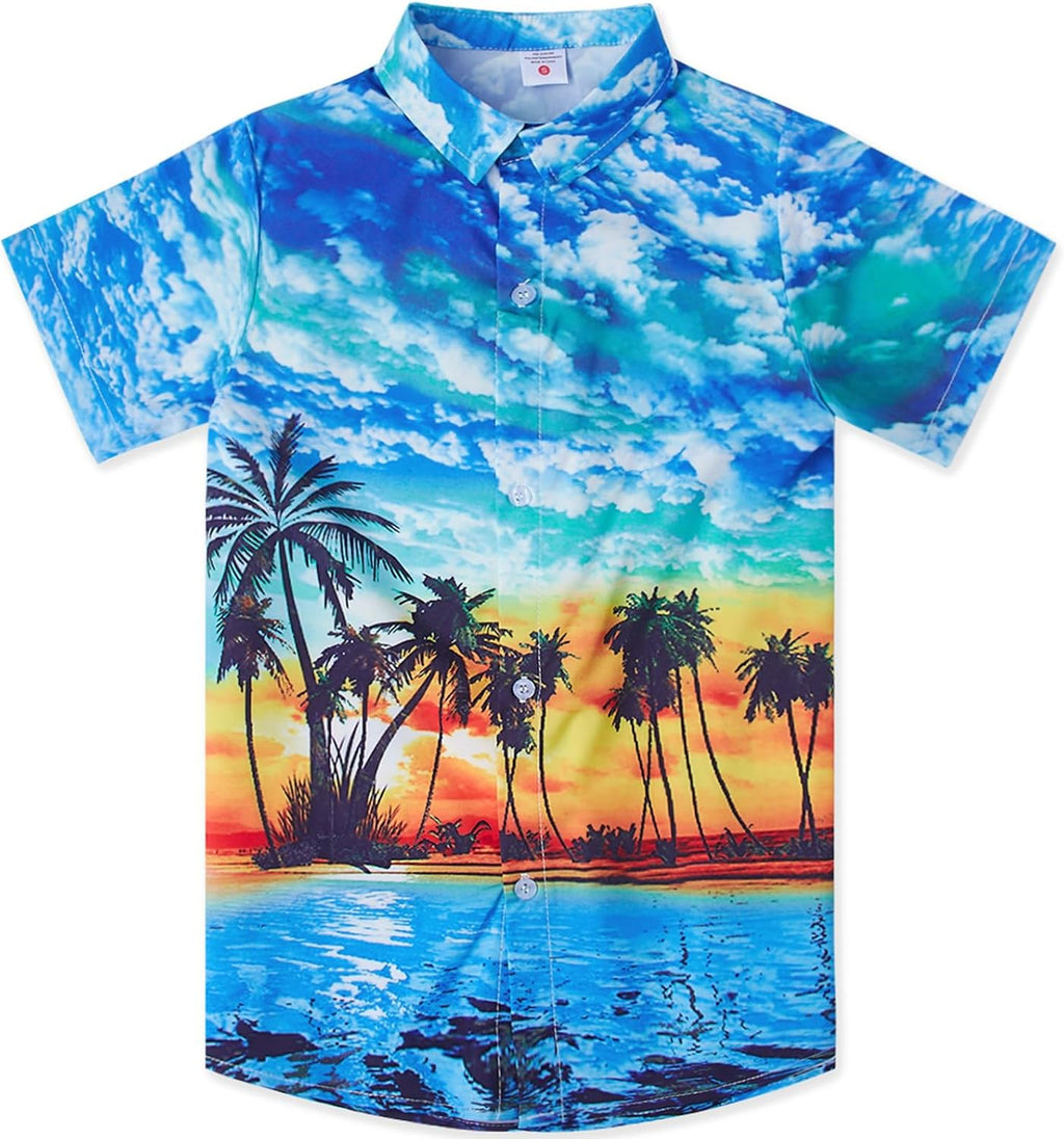 Boys Hawaiian Shirts Novelty Printed Funky Short Sleeve Button Down Shirt Kids Aloha Luau Shirt 7-14T