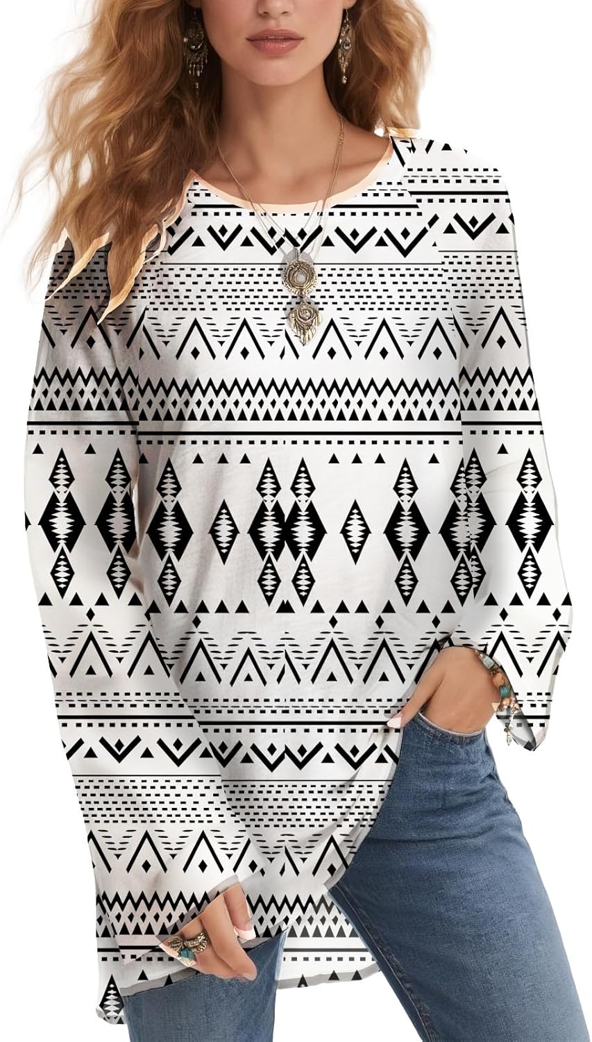 Womens Boho Tribal Print Long Sleeve Tunic Top Lightweight Geometric Pattern Casual Blouse