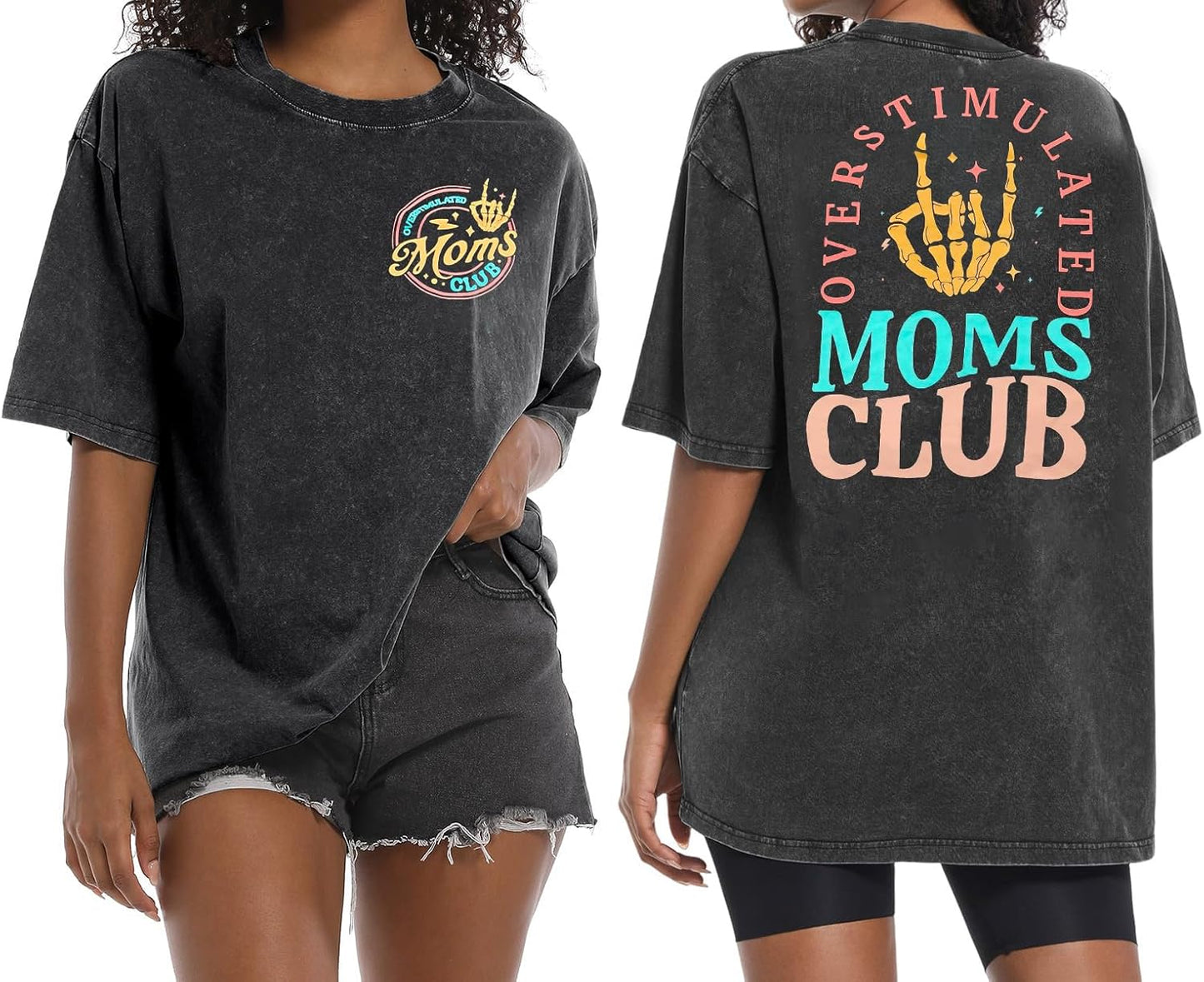 Mama Shirts for Women Oversized Overstimulated Moms Club Tshirt Mom Life Graphic Acid Wash Tee Top