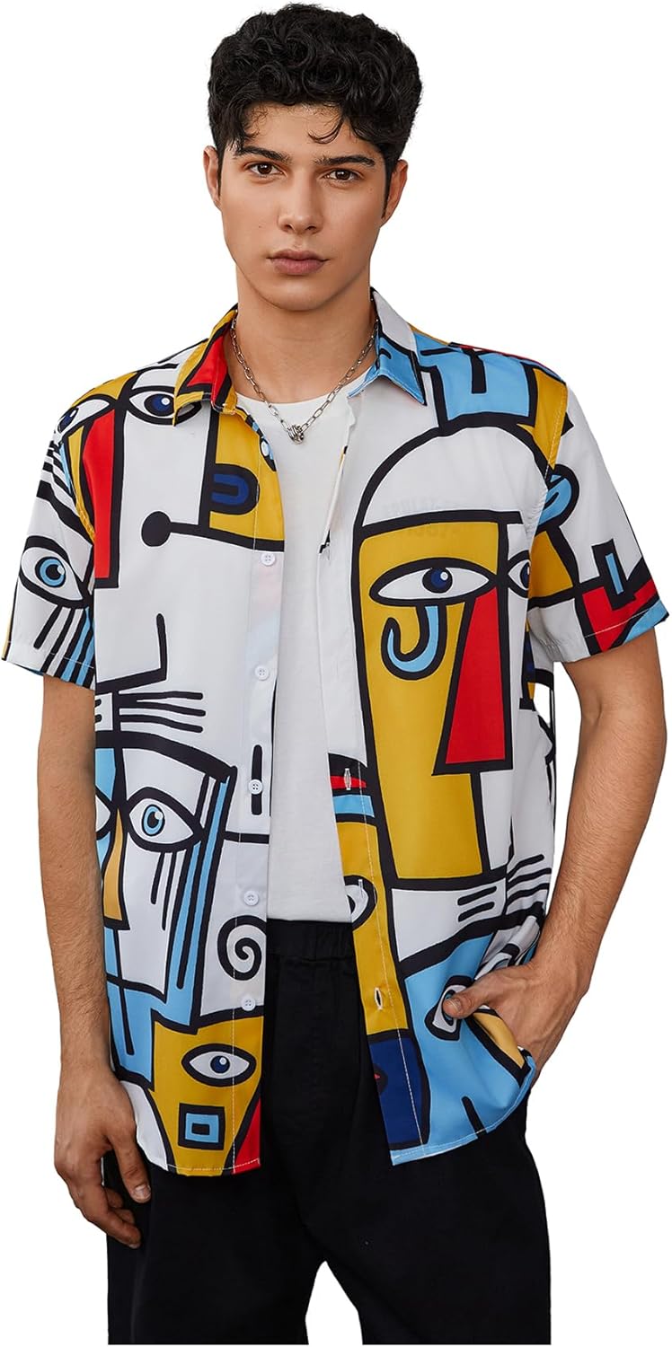 Men's Allover Printed Button Front Collar Hawaii Short Sleeve Colorblock Shirt