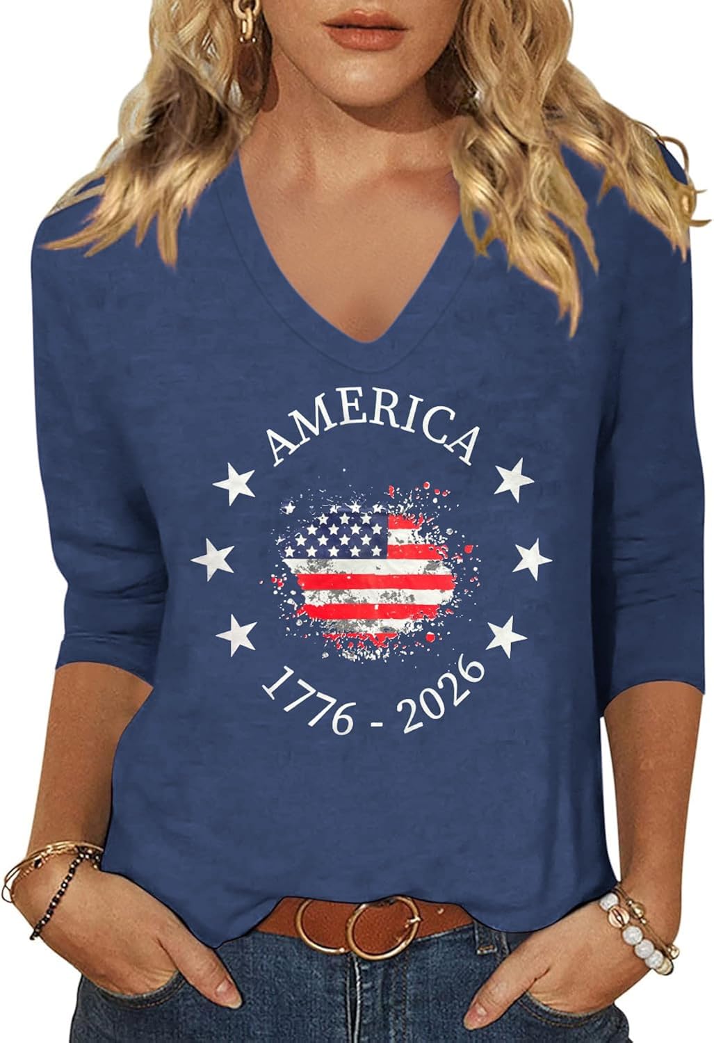 4th of July V Neck Shirt for Women:USA Flag Graphic 3/4 Sleeve Tee Stars and Stripes Tshirt Red White and Blue Tops