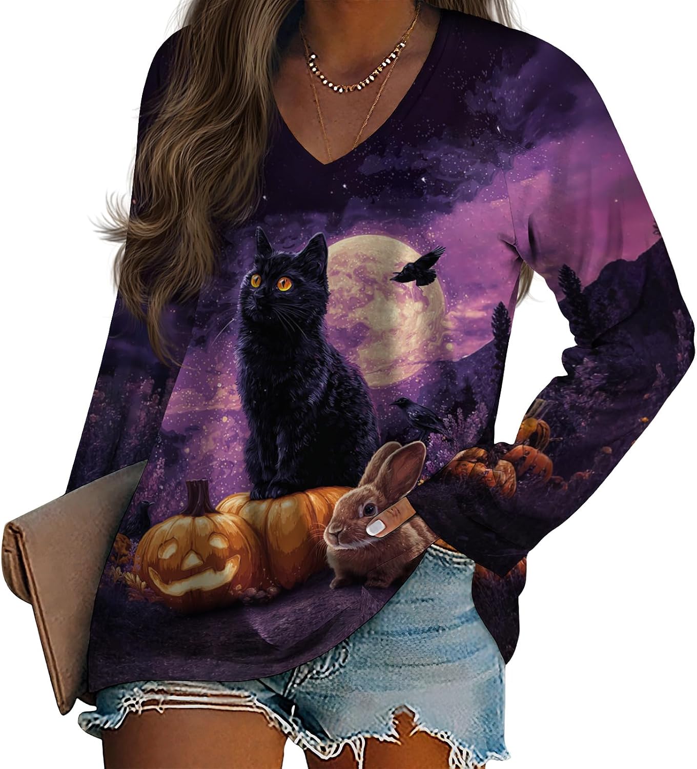 Black Cat Shirts for Women Spooky Halloween Tshirts Loose Long Sleeve V Neck T Shirt Fall Fashion Halloween Cat Shirt