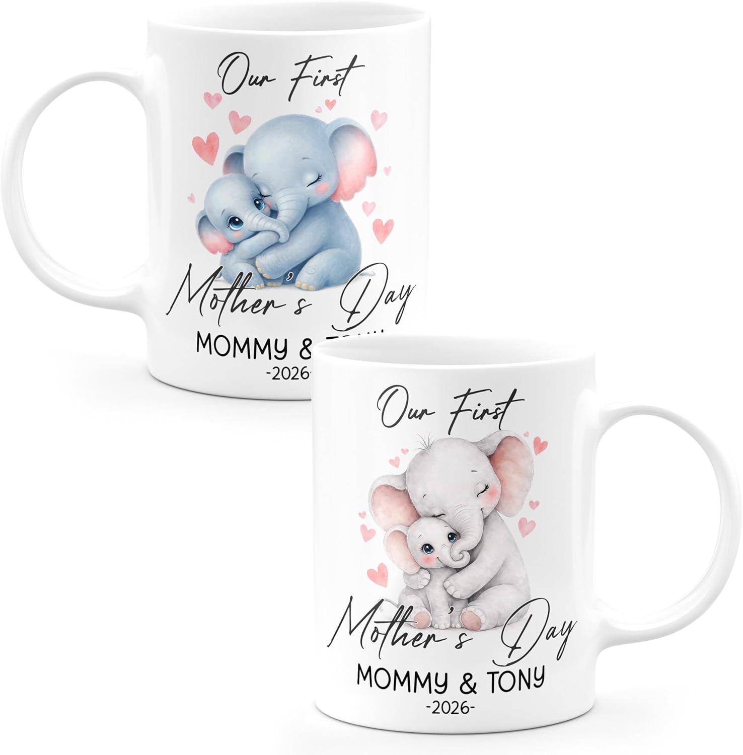 Custom Our First Mother's Day Mug with Names and Year, Adorable Elephant Mama and Baby Coffee Cup, Unique 1st Mothers Day Gifts for New Mom, Expecting Mothers, Multiple Colors