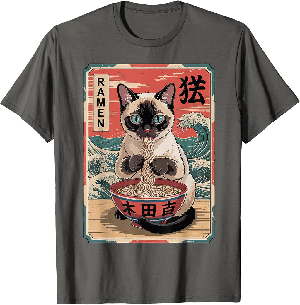 Funny Cat Eating Ramen Kawaii Siamese Cat Lover Gift Men Mom T-Shirt