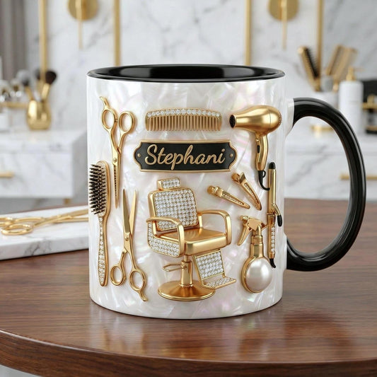 Personalized Hair Stylist Mug, Custom Name Hairdresser Coffee Cup, Hair Salon Tools Cup, Funny Stylist Gift, Barber Chair Mug, Beauty Salon Gift for Hairstylist, Cosmetology Graduation Gifts