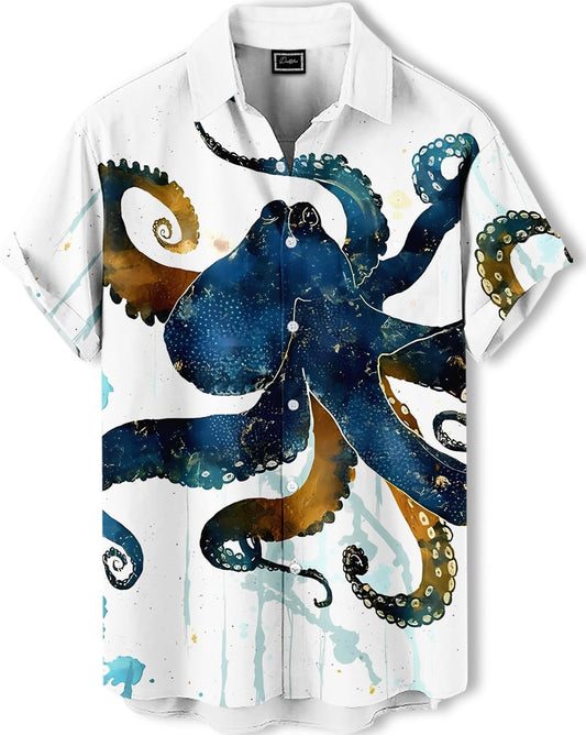 Men's Hawaiian Shirt, Artistic Funny Animal Print, Short Sleeve Vacation Shirt, Tropical Casual Beach