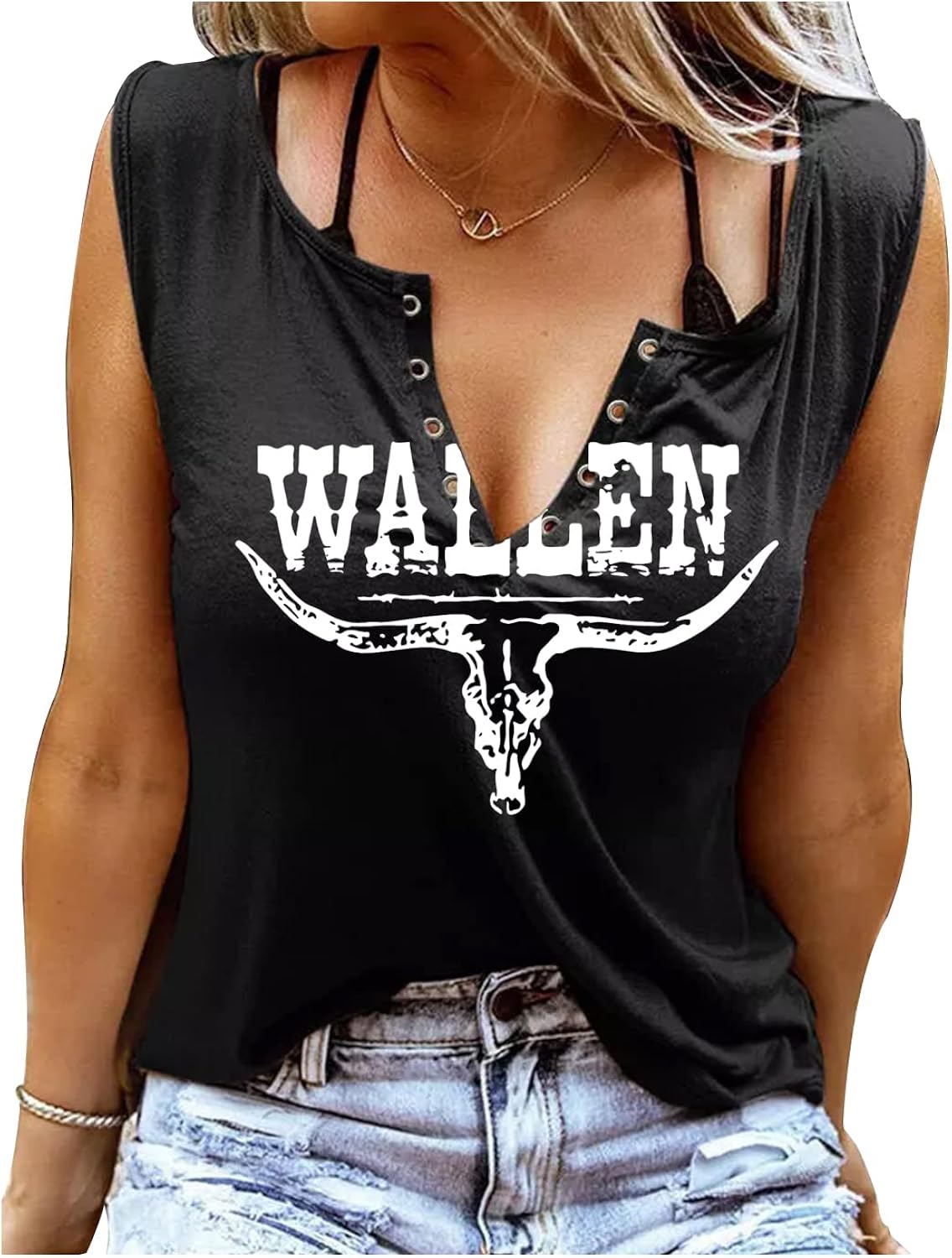 Summer Sexy V Neck Tank Tops for Women Casual Loose Fit Sleeveless T Shirts Country Music Ring Hole Basic Shirts Tanks