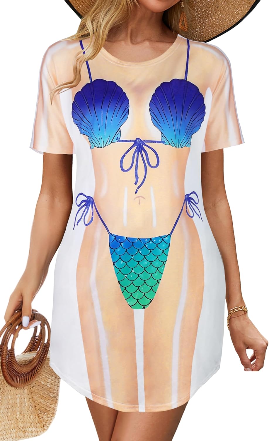 Women's Beach Cover Up Bikini Printed Short Sleeve Tshirt Dress Baggy Cute Coverups 2026