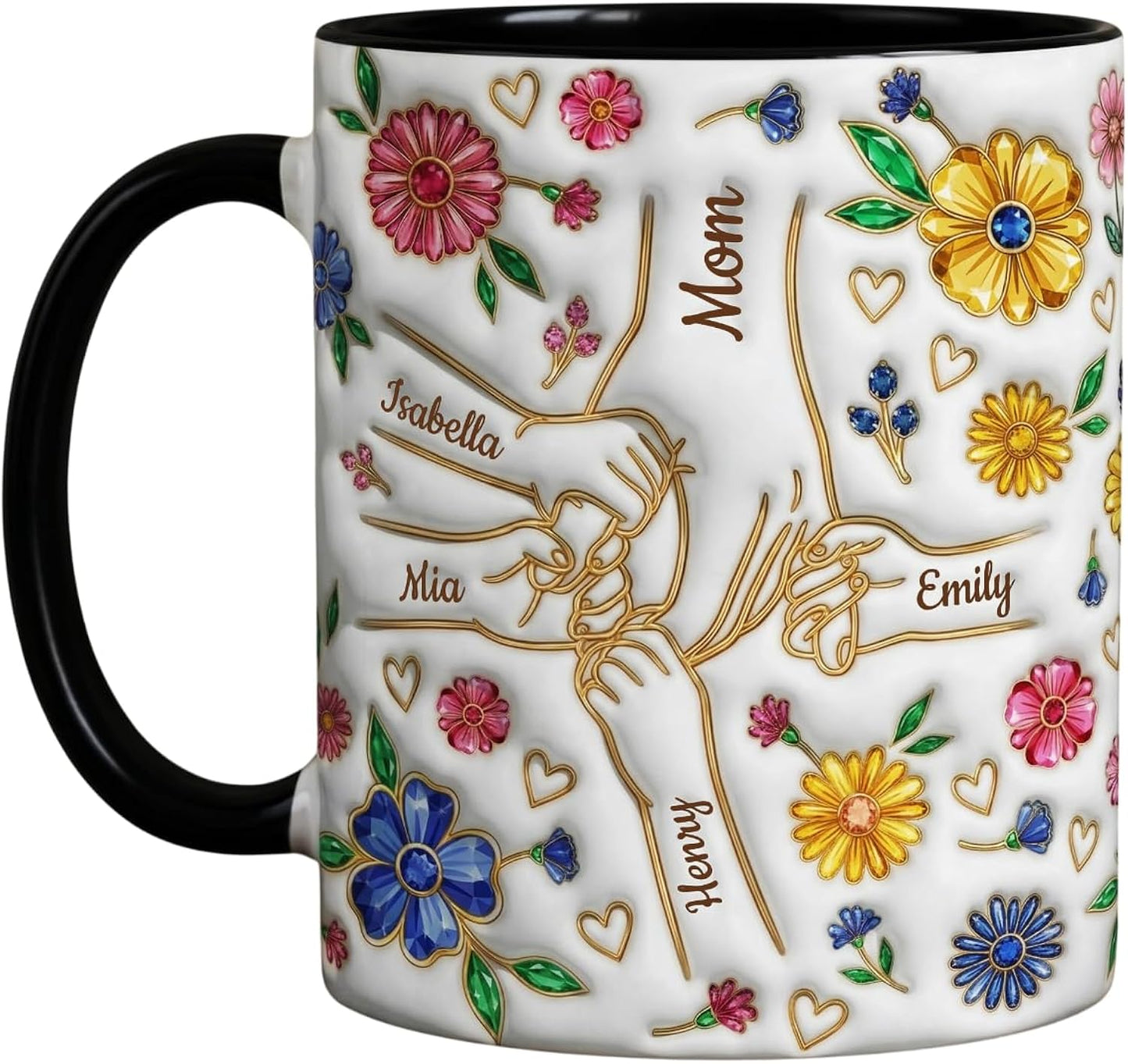 Custom Mom Mug - Mom Hold Our Hands, 3D Effect Printed Mug with Kids Names for Mama, Personalized Mother's Day Coffee Cup, Mothers Day Coffee Mugs Gifts for Mommy Grandma Women