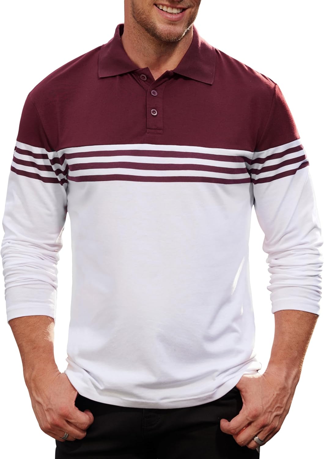 Men Casual Striped Polo Classic Long Sleeve Regular Fit Shirts (S-2XL)