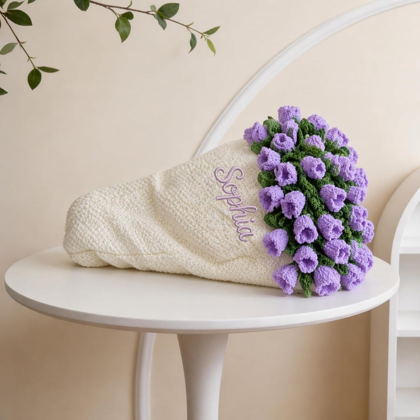 Personalized Name Embroidery Crochet Flower Bouquet Throw Blanket Custom Rose Blanket Romantic Gift for Her Girlfriend Mom Women Lily of the Valley