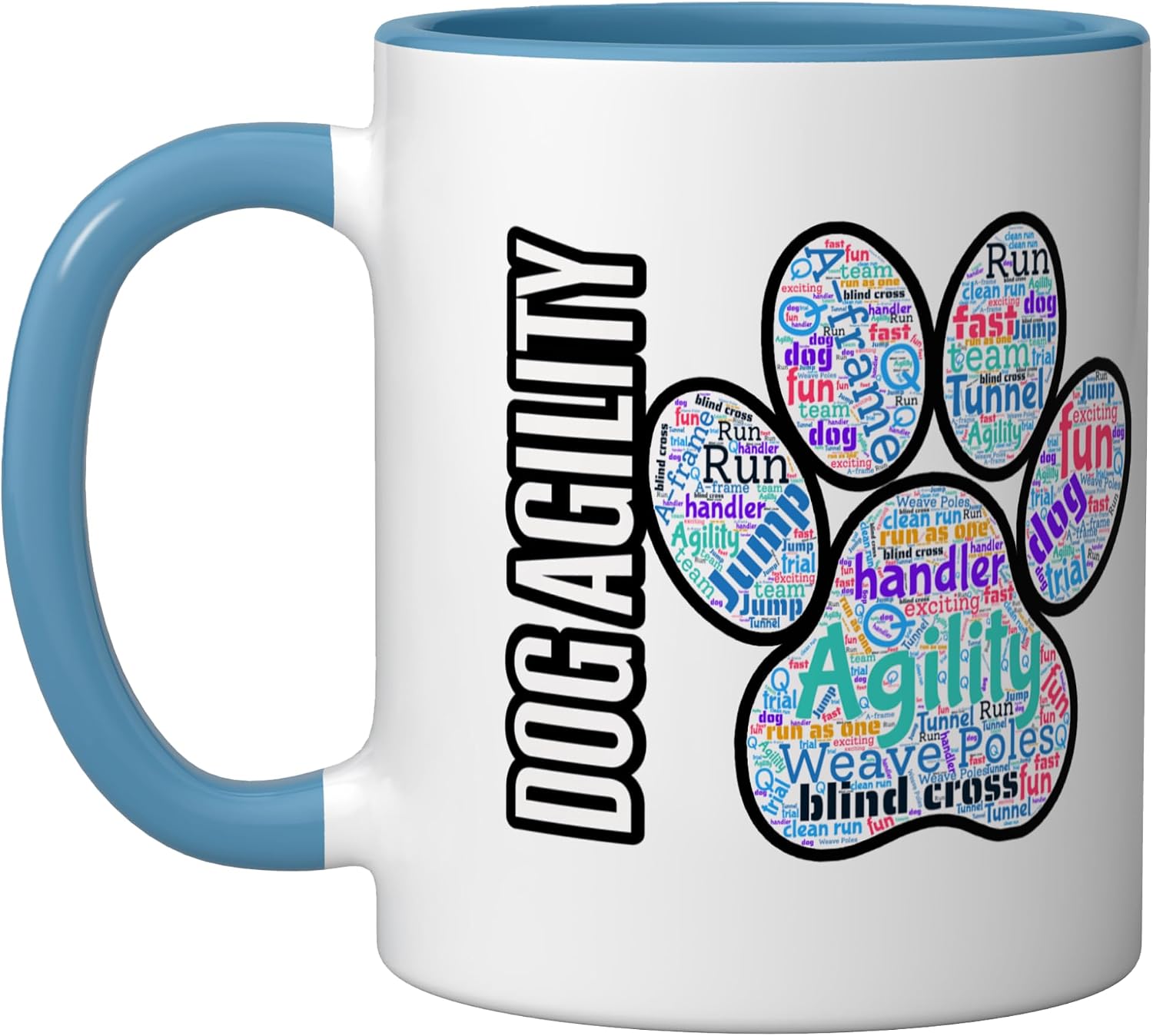 Fun Dog Agility shirt - dog agility word cloud, paw shape Ceramic Mug, Blue/White