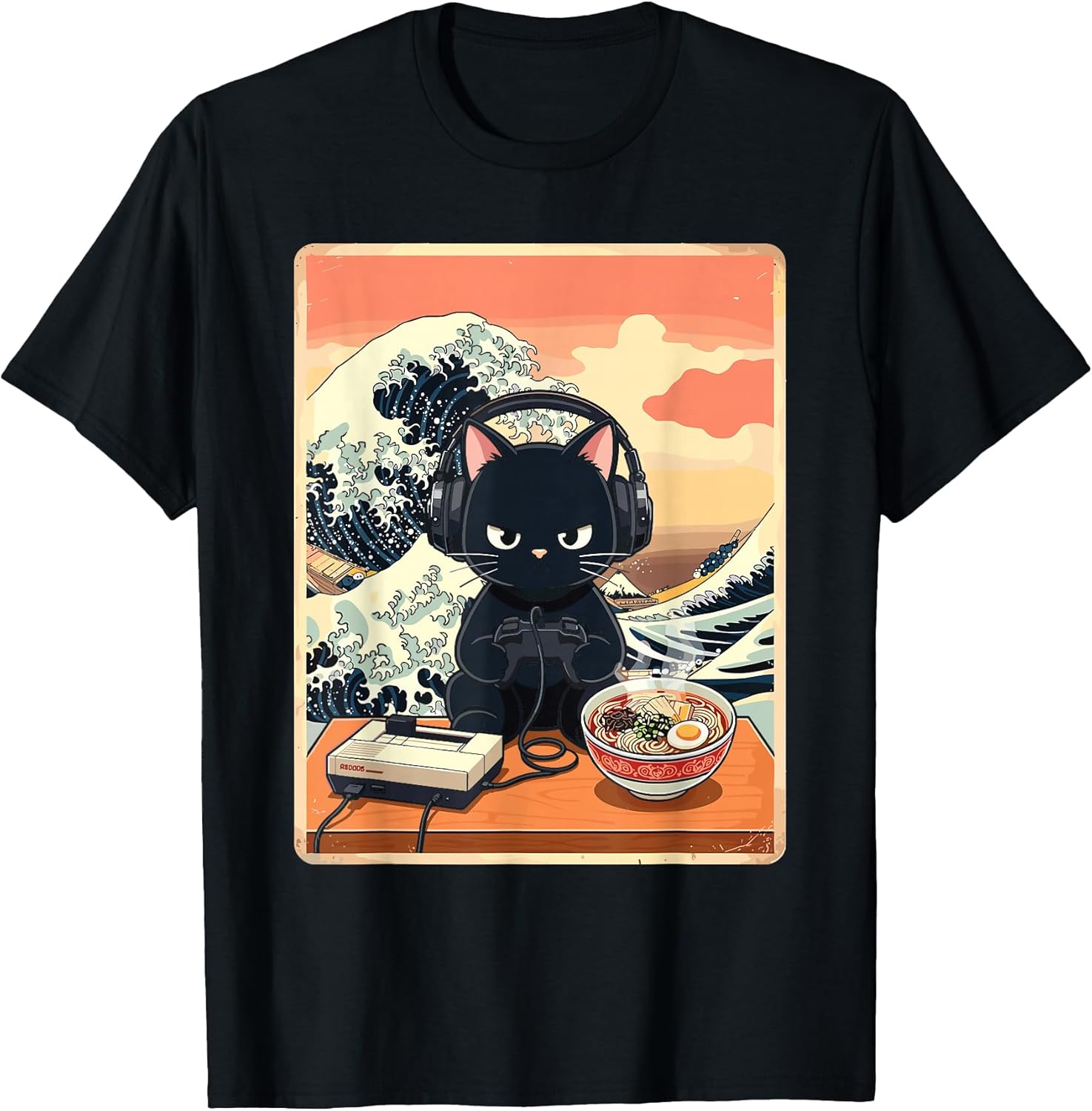 Retro Gamer Cat with Ramen Great Wave for Anime Fans T-Shirt