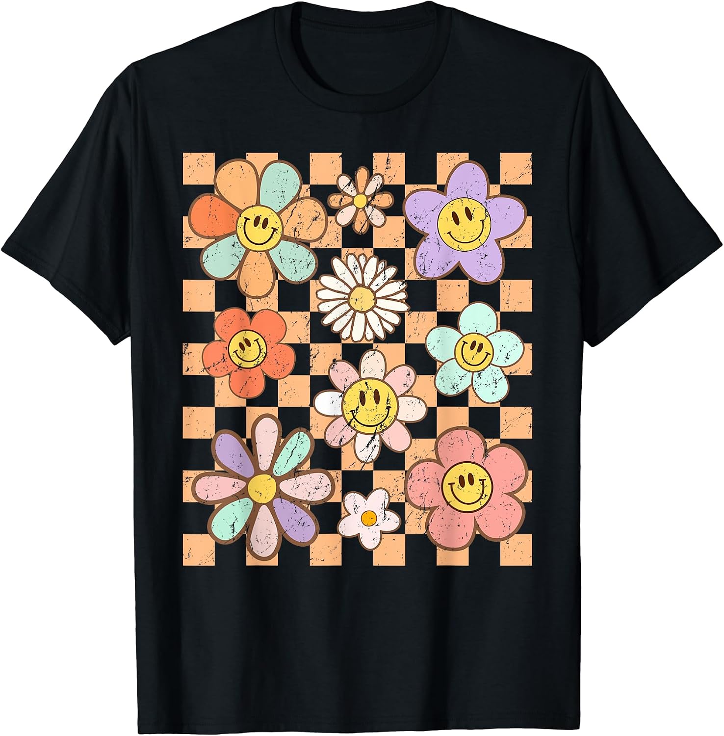 Retro Groovy Checkered Pattern Smile Face Trendy Womens Kids T-Shirt