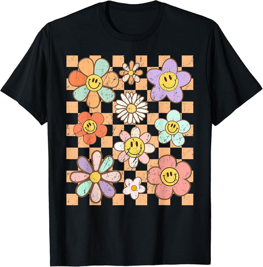 Retro Groovy Checkered Pattern Smile Face Trendy Womens Kids T-Shirt