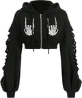 Women's Skeleton Skull Graphic Print Hoodie Drop Shoulder Drawstring Sweatshirt Zipper Up Long Sleeve Crop Top