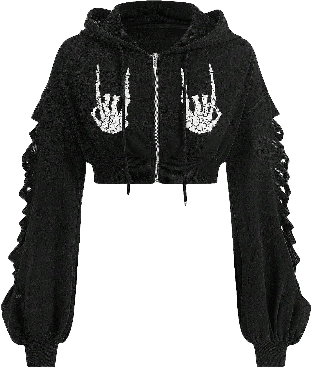 Women's Skeleton Skull Graphic Print Hoodie Drop Shoulder Drawstring Sweatshirt Zipper Up Long Sleeve Crop Top