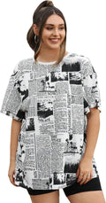 Women's Plus Size Newspaper Print Round Neck Half Sleeve T Shirt Tee Tops